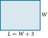 A rectangle with the length labeled as: L = W + 3 and the width labeled as: W.
