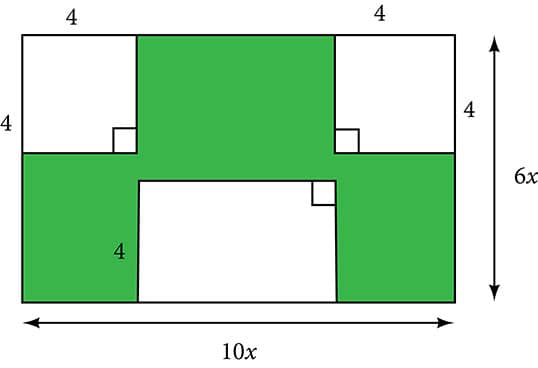 A large rectangle with smaller squares and a rectangle inside. The length of the outer rectangle is 6x and the width is 10x. The side length of the squares is 4 and the height of the width of the inner rectangle is 4.