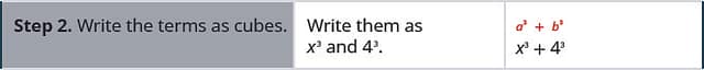 Step 2 is to rewrite as cubes. So we rewrite the terms as x cubed plus 4 cubed.