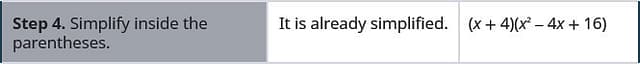 Step 4 is to simplify inside the parentheses. It is already simplified.